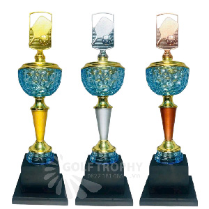 Cúp Pickleball pha lê màu xanh dương, đỉnh và thân kim loại - PIC-1416