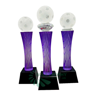 Cúp Pickleball pha lê thân màu tím gắn quả bóng pickleball pha lê - PIC-1206