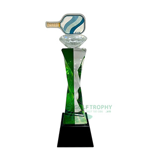 Cúp Pickleball pha lê, thân màu xanh gắn vợt pickleball - PIC-1136