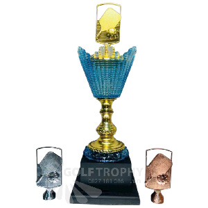 Cúp Pickleball pha lê màu xanh dương, đỉnh kim loại - PIC-1405